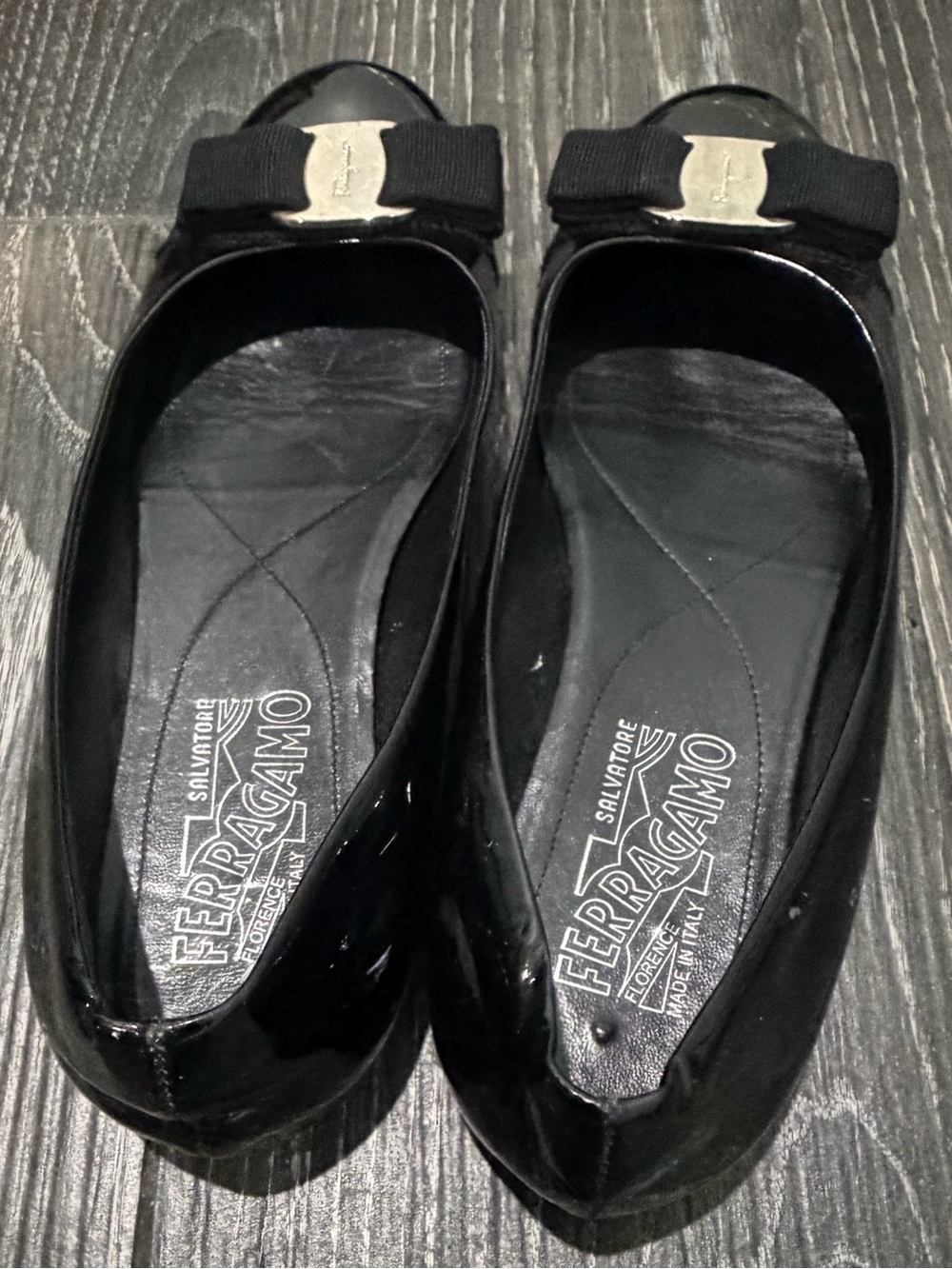 Salvatore Ferragamo Black Patent Vara Bow Flats